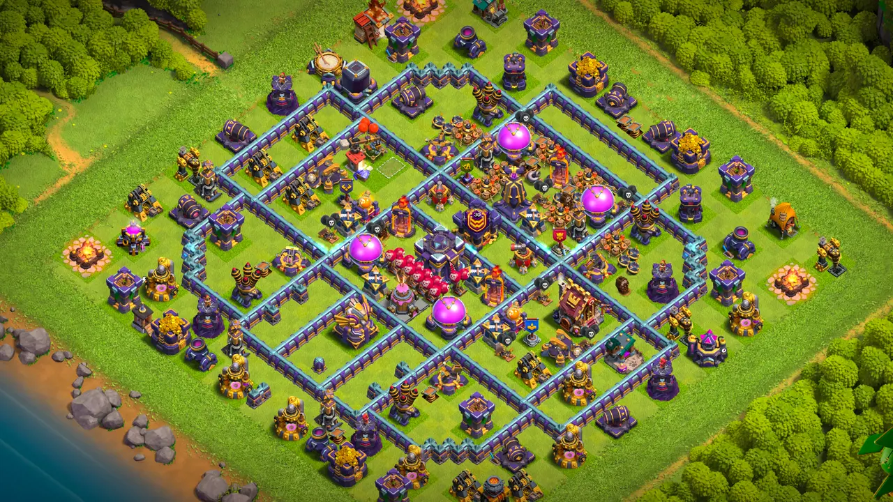 TH15 Anti-2 Ranked base layout in Clash of Clans with the Cake-A-Pult behind the Town Hall, Eagle in a dead zone to stop RC Charge Dragon.