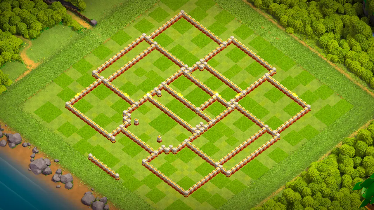 TH16 anti-2 cake-a-pult ranked base with copy link to Clash of Clans - wall layout showing the side dead-zone compartments