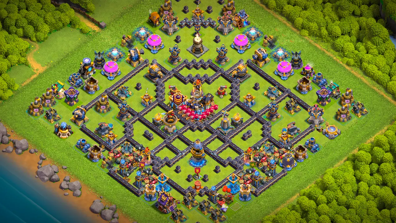 th18 anti-2 hot candle type base with copy link to clash of clans - hot candle section makes hero pathing and queen charge awkward