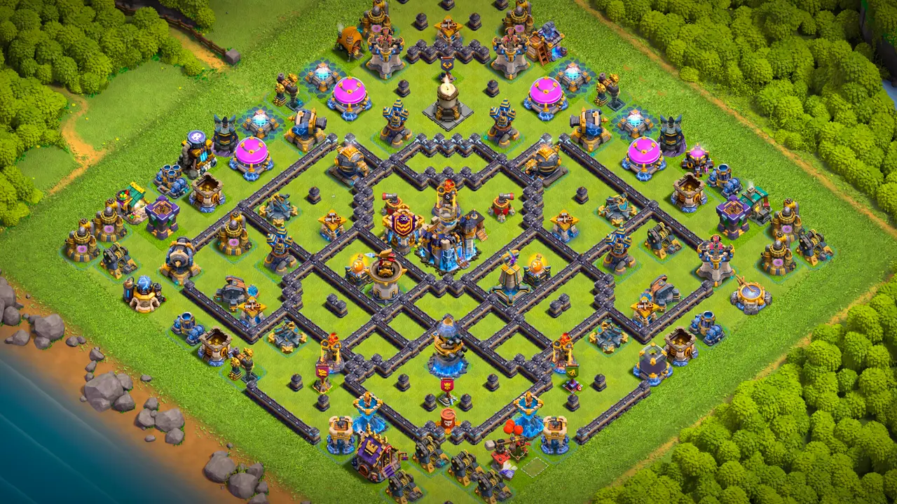 th18 anti-2 hot candle type base with copy link to clash of clans - scout view with an isolated revenge tower and awkward thrower paths
