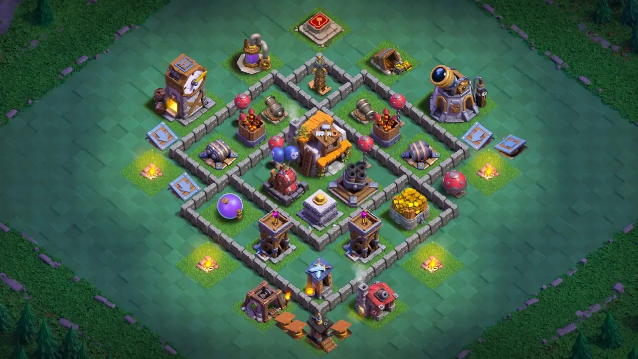 BH5 Anti-2 anti-air base layout in Clash of Clans with an Air Bomb core, Firecrackers and Archer Towers to stop Mass Baby Dragon attacks.