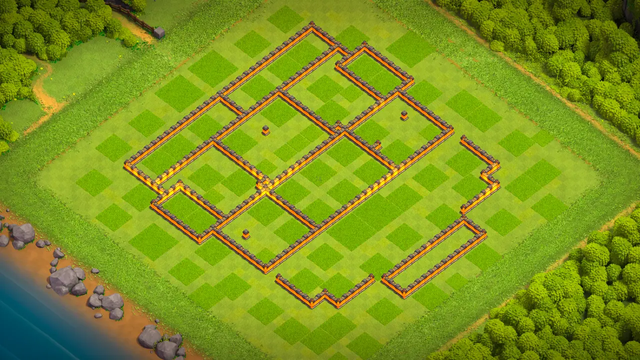 TH10 Anti-3 Ranked base wall layout in Clash of Clans showing the four Air Defenses forming a no-fly zone at the Town Hall.