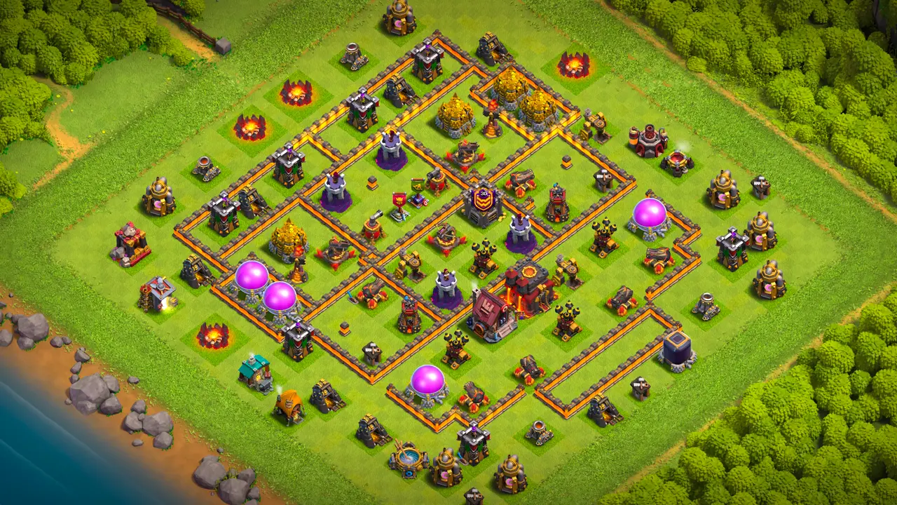 th10 anti 3 star trophy base scout view - Full layout view showing paired Air Defenses and the X-Bow combo guarding the core