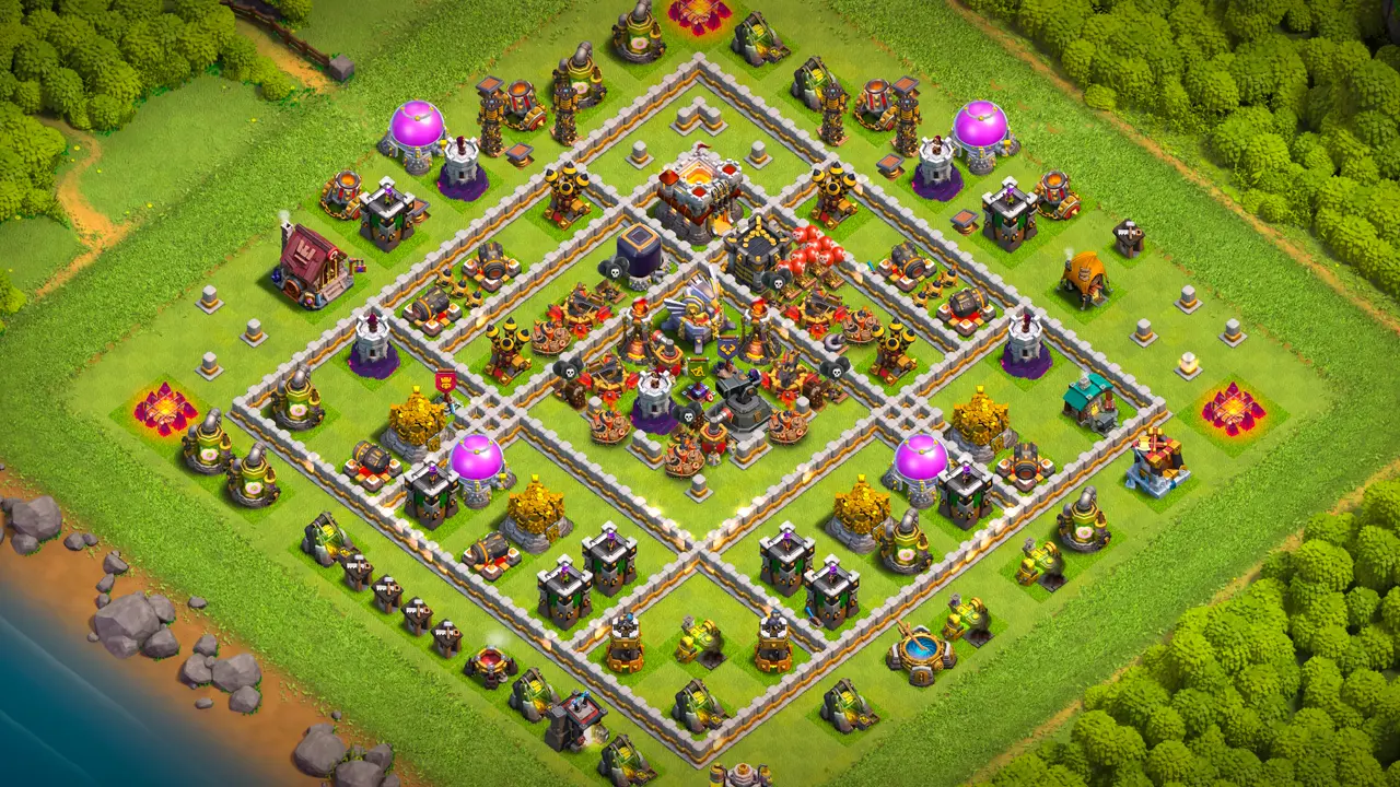 TH11 Anti-3 Ranked base layout in Clash of Clans with a Hero Hunter core, dead-zone and Eagle Artillery to stop Dragon attacks.