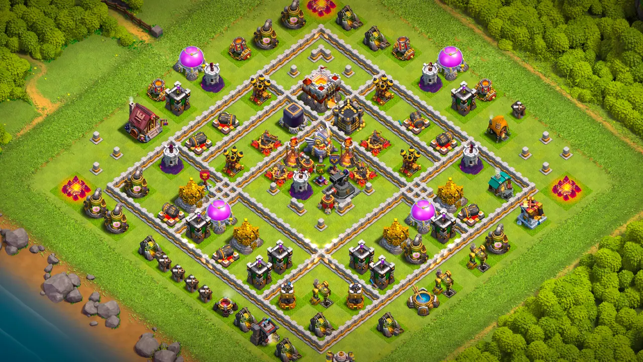 th11 anti-3 hero hunter ranked base with copy link to clash of clans - scout view of the toxic Hero Hunter core defenses