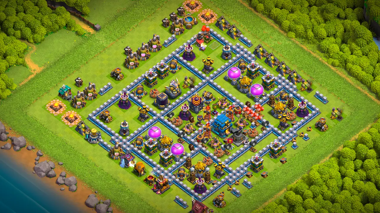 th12 anti-3 hero hunter ranked base with copy link to clash of clans - hero hunter clears the warden fast and air sweepers block every entry