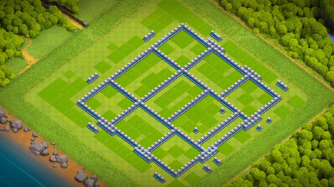 TH12 anti-3 hero hunter ranked base with copy link to Clash of Clans, wall layout view protecting the dead-zone Town Hall core.