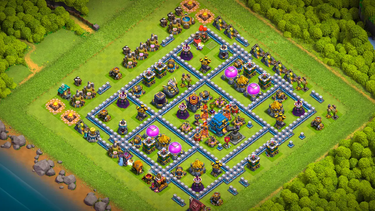 TH12 anti-3 hero hunter ranked base with copy link to Clash of Clans, scout view showing the Hero Hunter and Inferno Tower core.