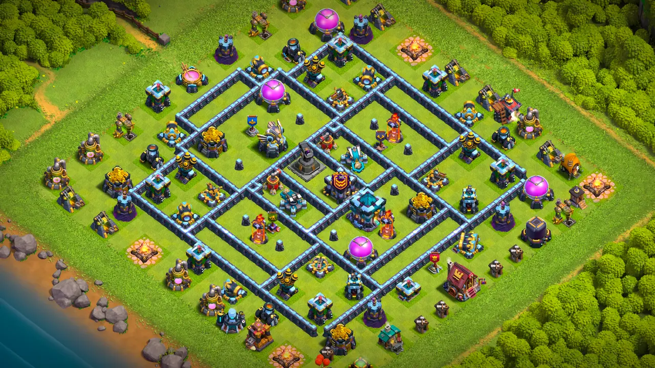 th13 anti-3 hero hunter ranked base scout view - full base layout for clash of clans town hall 13 with seeking air mines targeting dragons