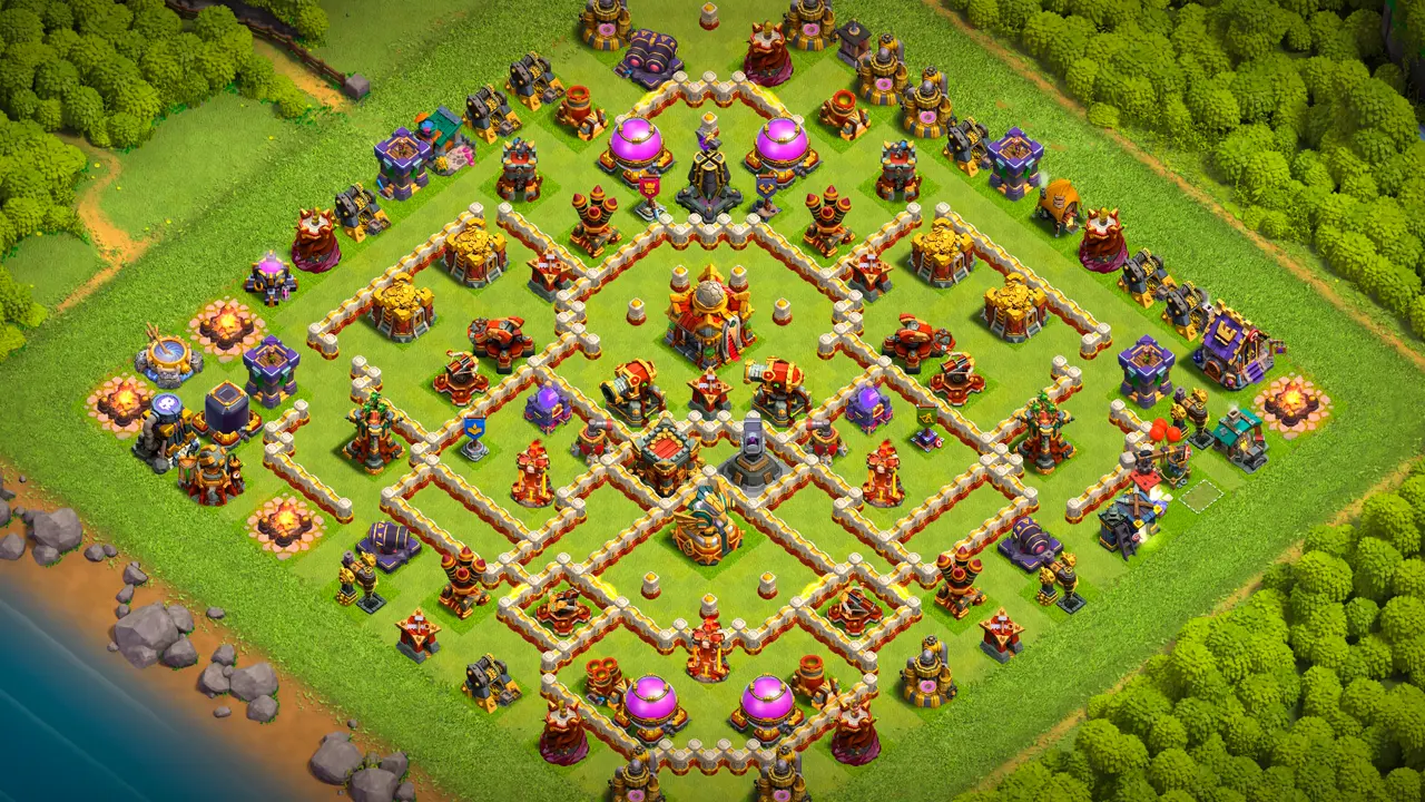 TH16 anti-3 hero hunter ranked base with copy link to Clash of Clans - scout view of the trap placement around the core defenses