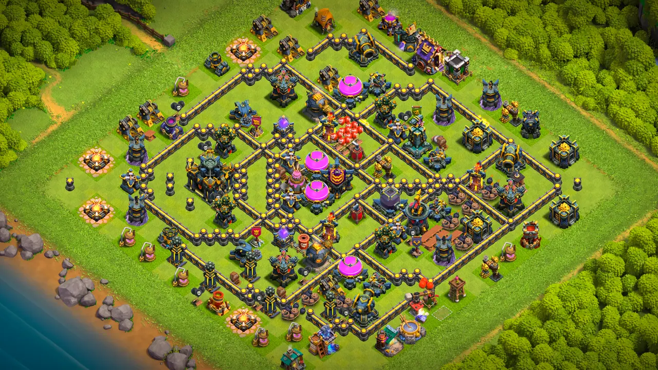 TH17 Anti-3 Ranked base layout in Clash of Clans with Teslas and Skeleton Traps, right-side bomb bait to stop RC Charge Hydra attacks.