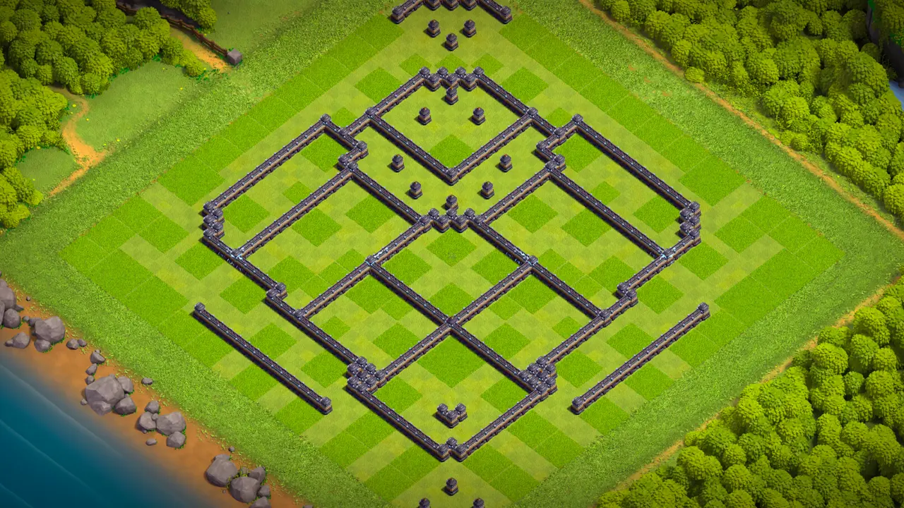 th18 anti-3 hero hunter type base with copy link to clash of clans - wall view showing baited far side entries around the monolith
