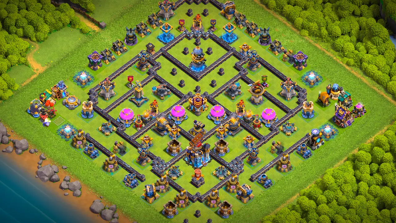 th18 anti-3 hero hunter type base with copy link to clash of clans - scout view with spitters placed in hard to reach areas
