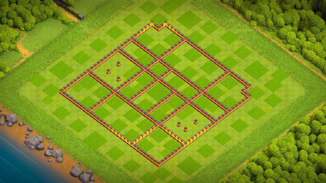 TH10 Anti-2 Farming base wall layout in Clash of Clans showing the spread compartments protecting the core storages.