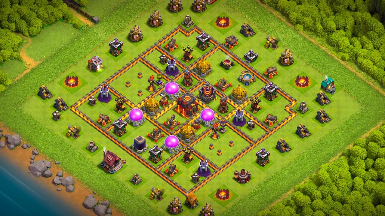 TH10 Anti-2 Farming base scout view in Clash of Clans showing the full layout with multi-target Inferno and air traps against Zap Dragon.