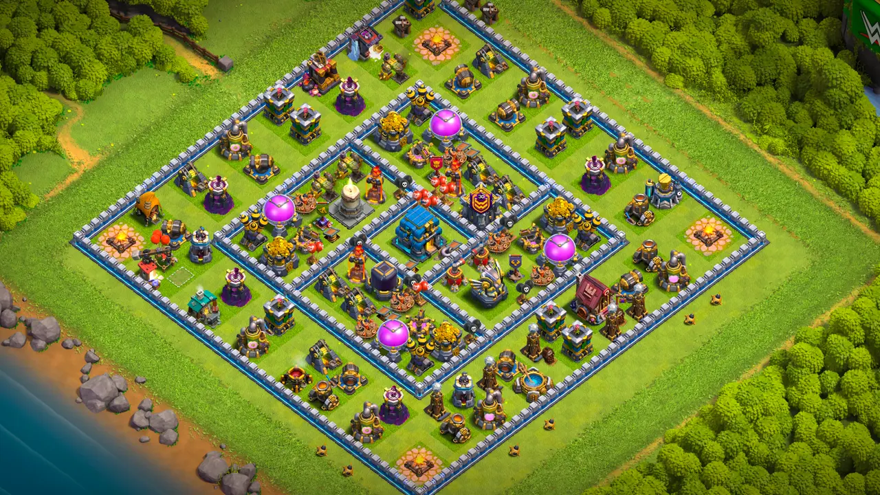 TH12 Anti-2 farming base layout in Clash of Clans with all loot inside the walls, Giant Bombs and Spring Traps to stop Sneaky Goblin attacks.