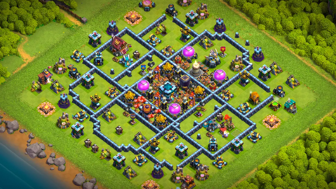 th13 anti-2 hot candle farming base layout with copy link to clash of clans - storages spread near the center to protect loot
