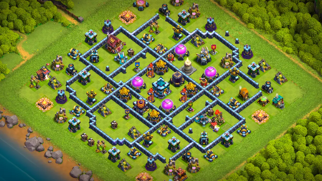 th13 anti-2 hot candle farming base scout view - full base layout for clash of clans town hall 13 where infernos punish grouped troops