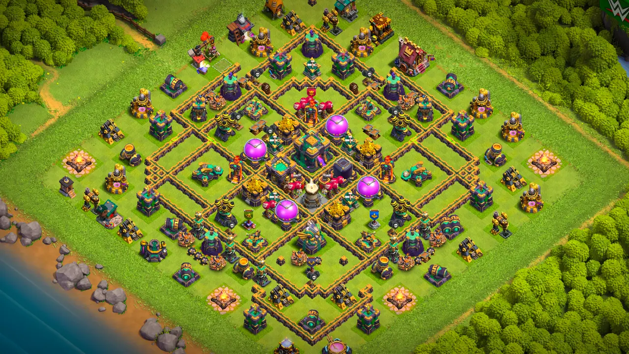 TH14 Anti-2 farming base layout in Clash of Clans with Hot Candles around the storages, Multi-Target Infernos to stop Sneaky Goblin attacks.