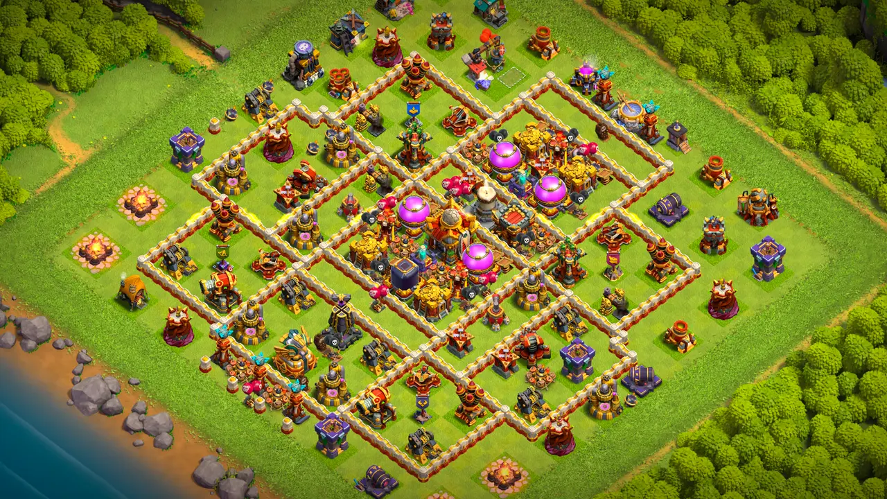 TH16 Anti-2 farming base layout in Clash of Clans with storages in the Invisibility Spell Tower range, Hot Candle to stop Sneaky Goblin attacks.