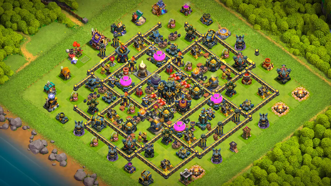 TH17 Anti-2 farming base layout in Clash of Clans with storages inside the walls, Hot Candle to stop Sneaky Goblin and Dragon Spam attacks.