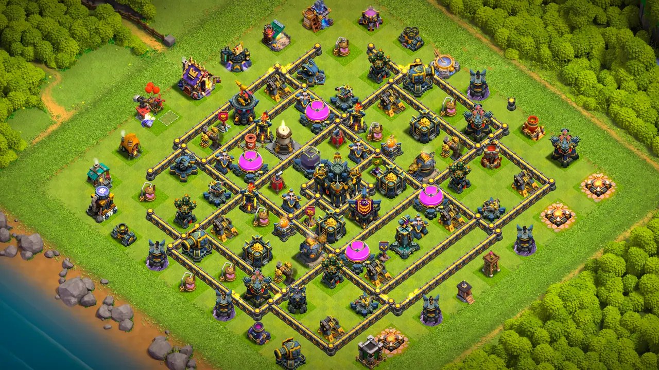 th17 anti 2 hot candle farming base with copy link to clash of clans - full scout view with ground and air traps protecting the resource storages