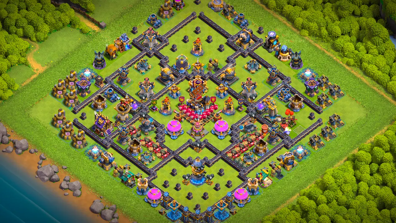 th18 anti-2 cake-a-pult type base with copy link to clash of clans - central cake-a-pult backed by the guardian, king and duke