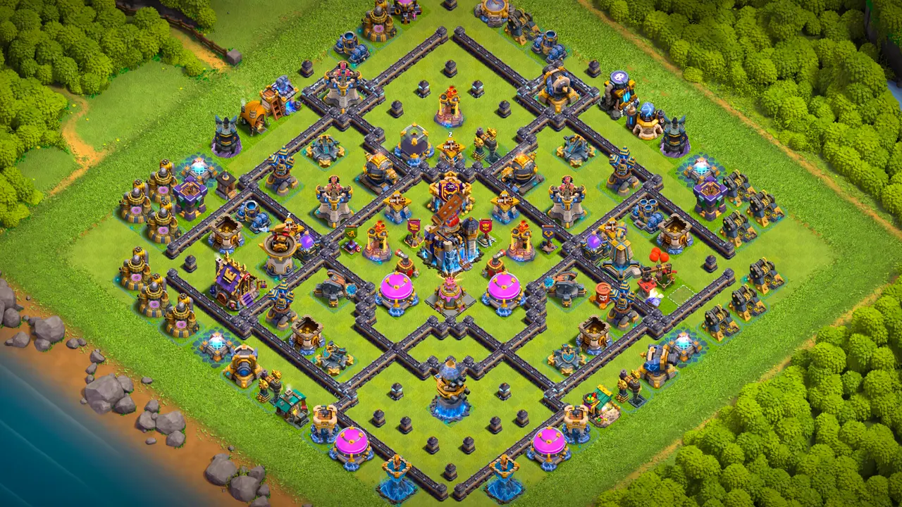 th18 anti-2 cake-a-pult type base with copy link to clash of clans - scout view with the revenge tower behind a strong core setup