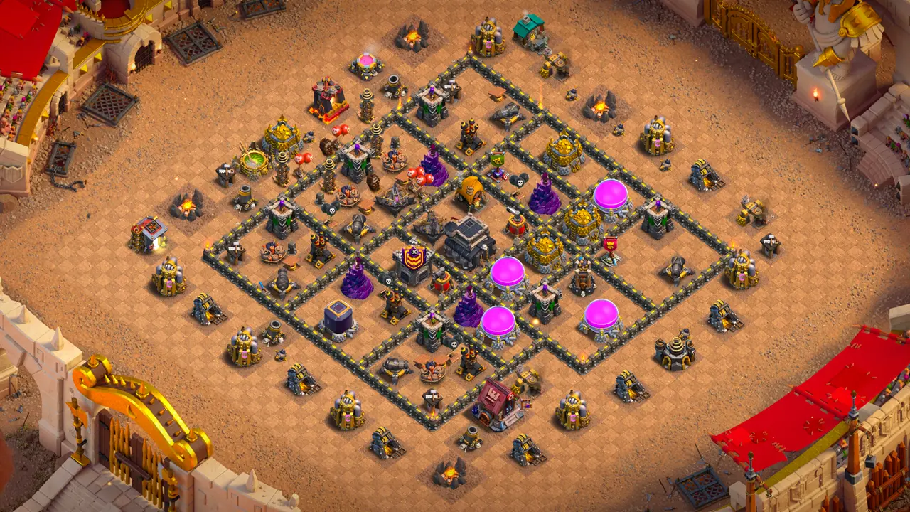 TH9 Anti-2 War Base for Clash of Clans with copy link, Overview: full defense layout with double X-Bows, Teslas, and traps against Hog Riders and LaLoon