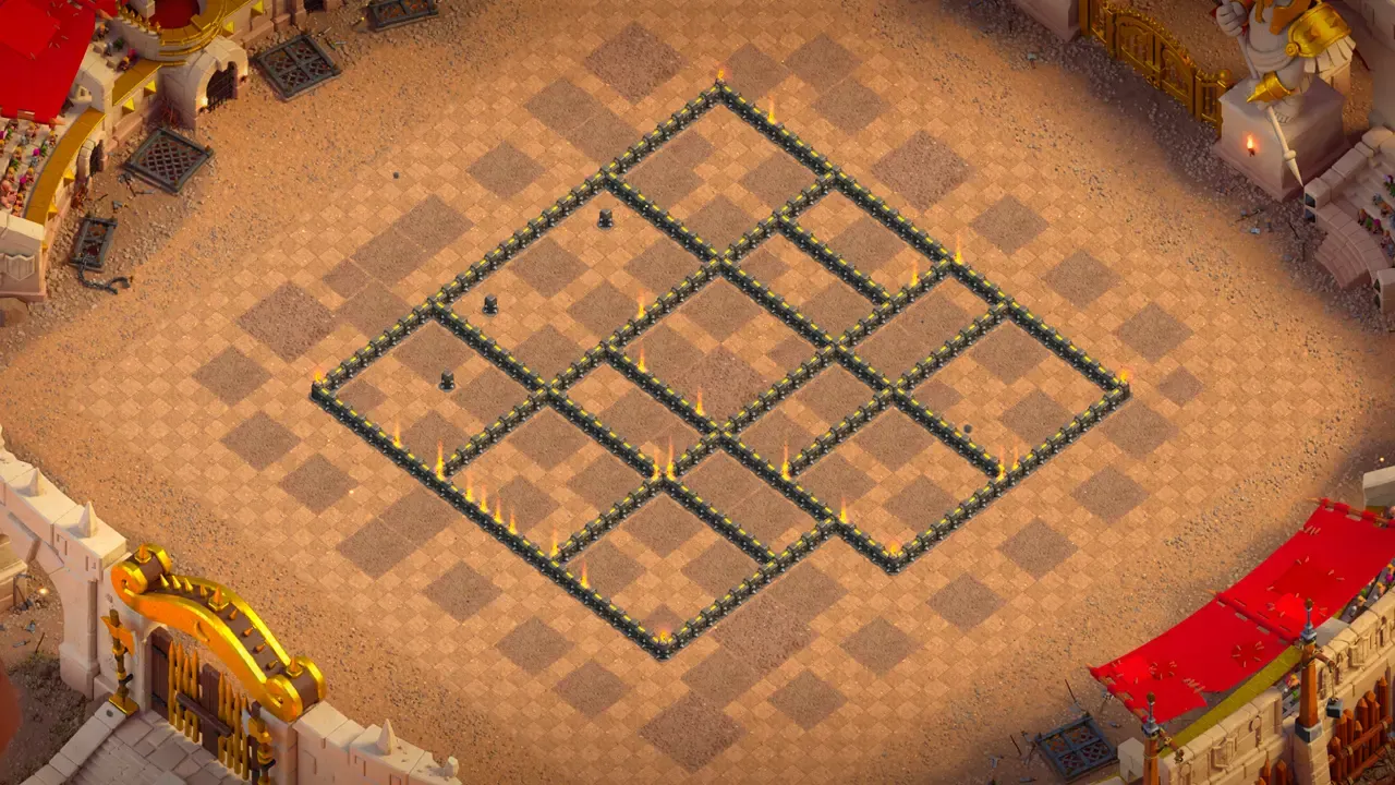 TH9 Anti-2 War Base for Clash of Clans with copy link, Wall View: Teslas paired with skeletons beside double X-Bows against Hog Riders