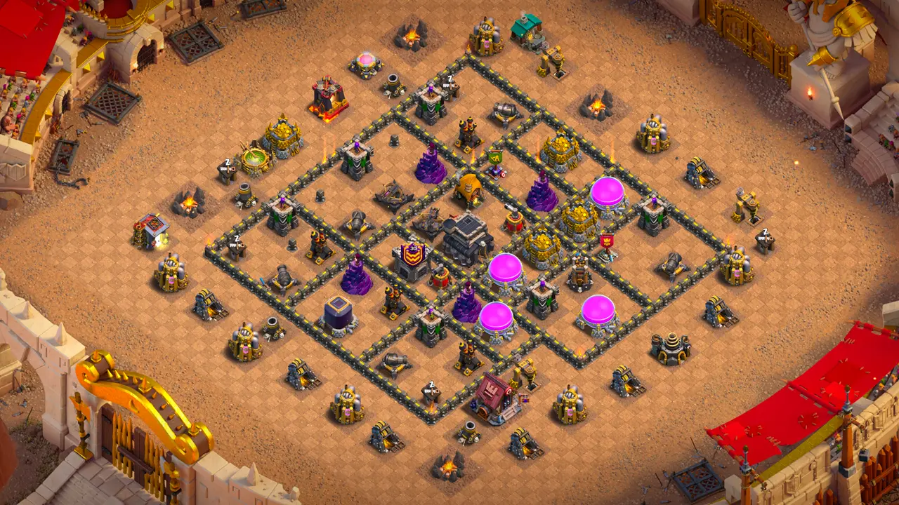 TH9 Anti-2 War Base for Clash of Clans with copy link, Scout View: full layout with mines against LaLoon and bombs vs Wall Breakers