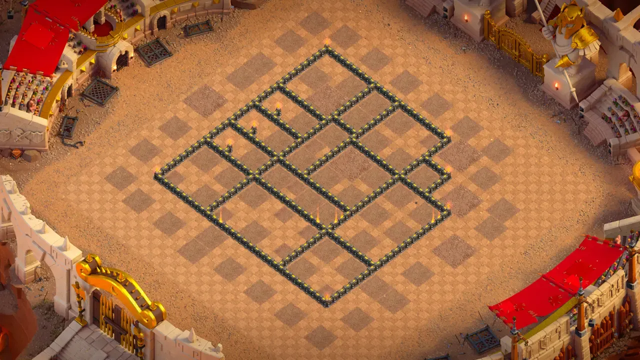 TH9 Anti-3 CWL Base for Clash of Clans with copy link, Wall View: Teslas paired with skeletons and bombs behind the heroes vs Hog Riders