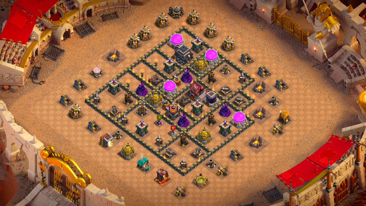 TH9 Anti-3 CWL Base for Clash of Clans with copy link, Scout View: full layout with mines against LaLoon and bombs vs Wall Breakers