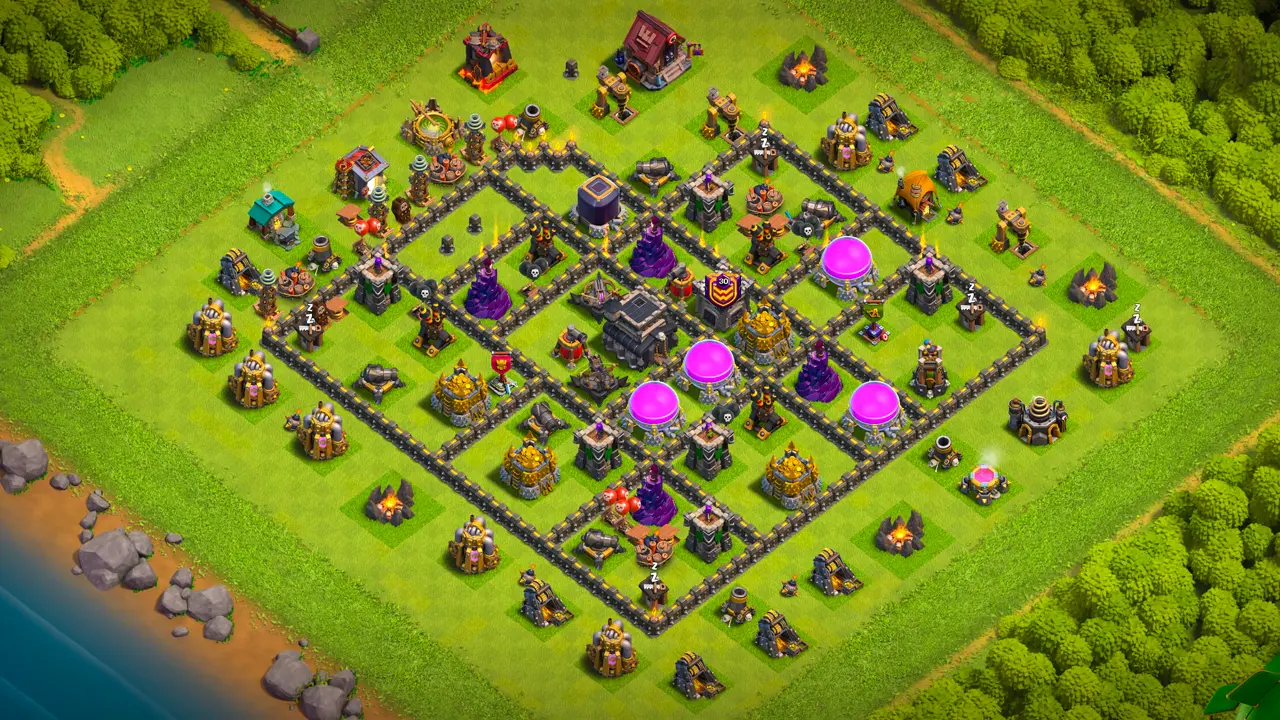 TH9 Anti-2 Ranked Base for Clash of Clans with copy link, Overview: full defense layout with Teslas baiting the army and traps against Hog Riders and LaLoon
