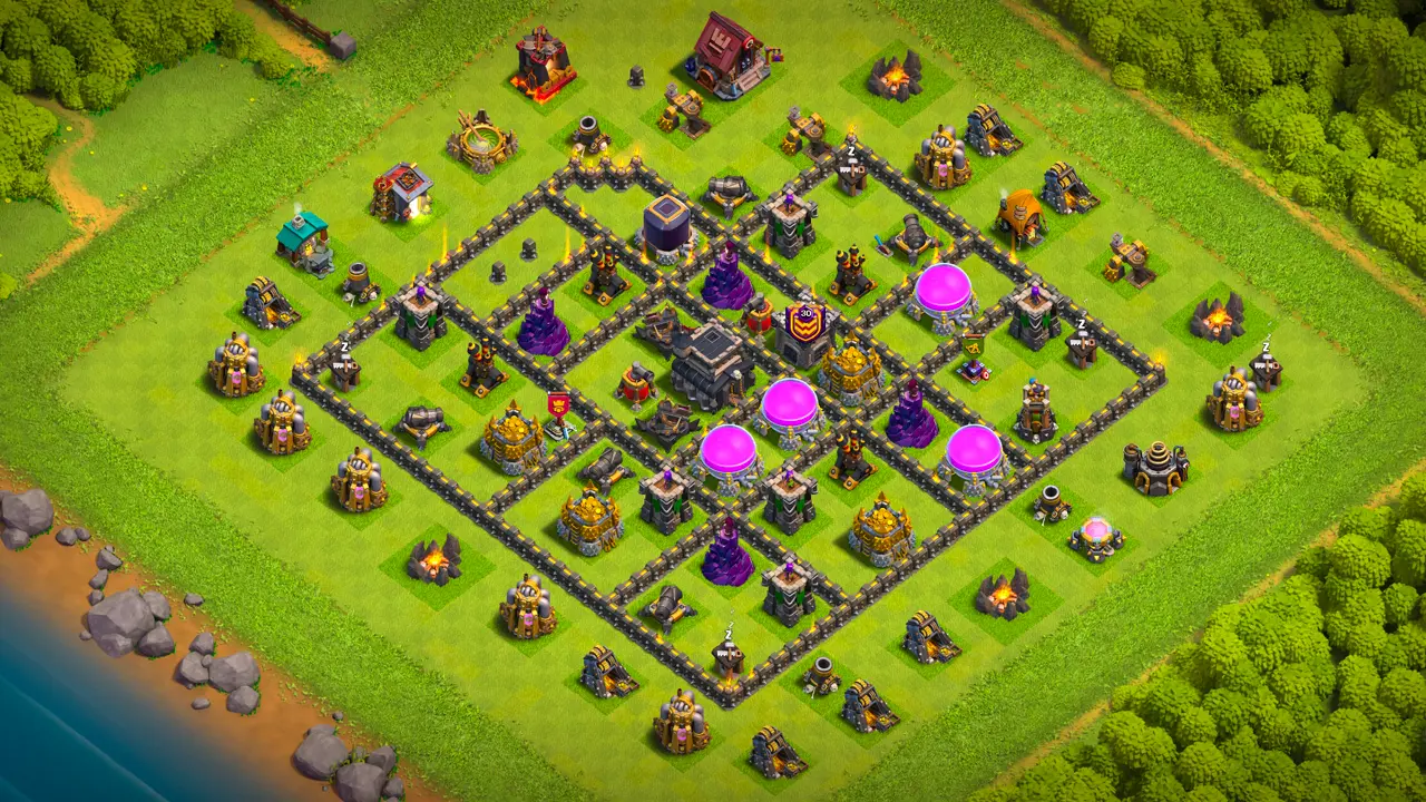 TH9 Anti-2 Ranked Base for Clash of Clans with copy link, Scout View: full layout with mines against LaLoon and bombs vs Wall Breakers
