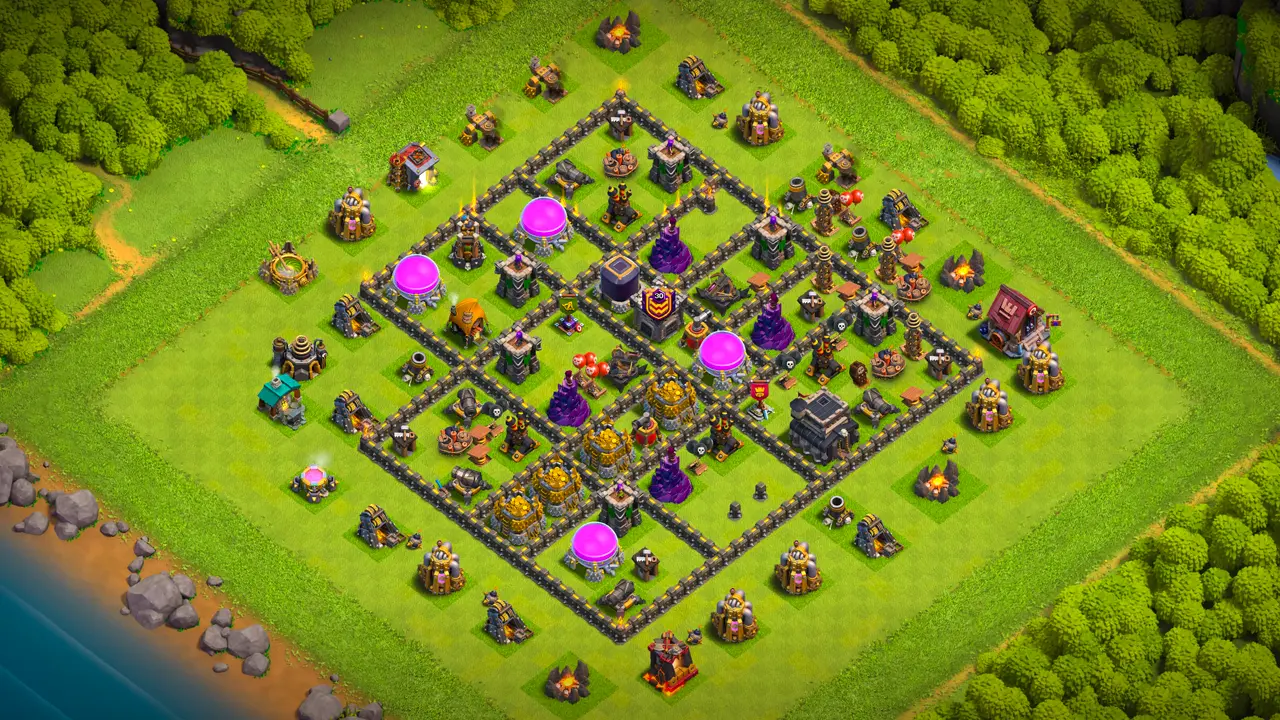 TH9 Anti-3 Ranked Base for Clash of Clans with copy link, Overview: full defense layout with Teslas against Queen Charges and traps against GoWiPe, Hog Riders, and LaLoon