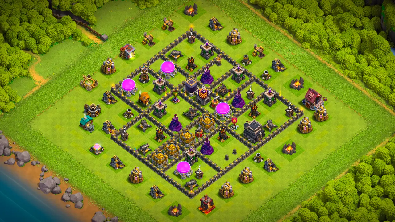 TH9 Anti-3 Ranked Base for Clash of Clans with copy link, Scout View: full layout with mines against LaLoon and bombs vs Wall Breakers