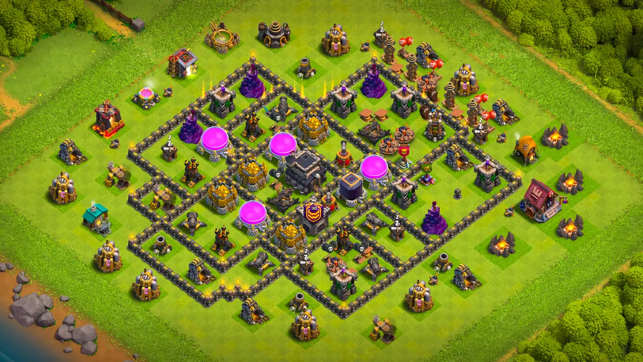 TH9 Anti-2 Farming Base for Clash of Clans with copy link, Overview: full defense layout with Teslas against Queen Charges and storages protected in the center