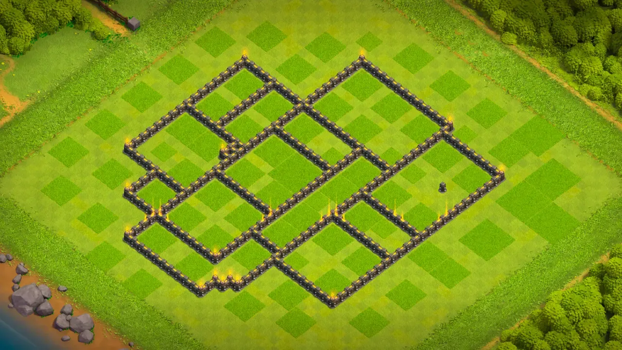 TH9 Anti-2 Farming Base for Clash of Clans with copy link, Wall View: Teslas defend Queen Charges, mines placed against LaLoon attacks