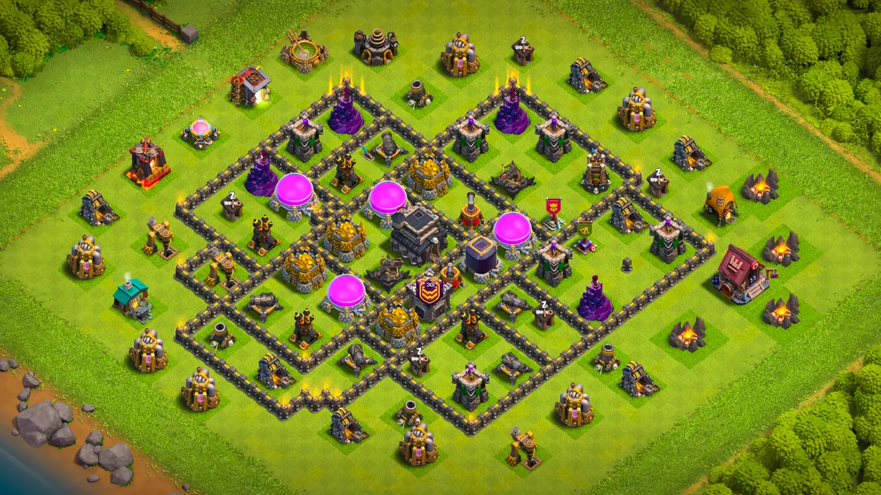 TH9 Anti-2 Farming Base for Clash of Clans with copy link, Scout View: full layout with storages spaced out and protected in center