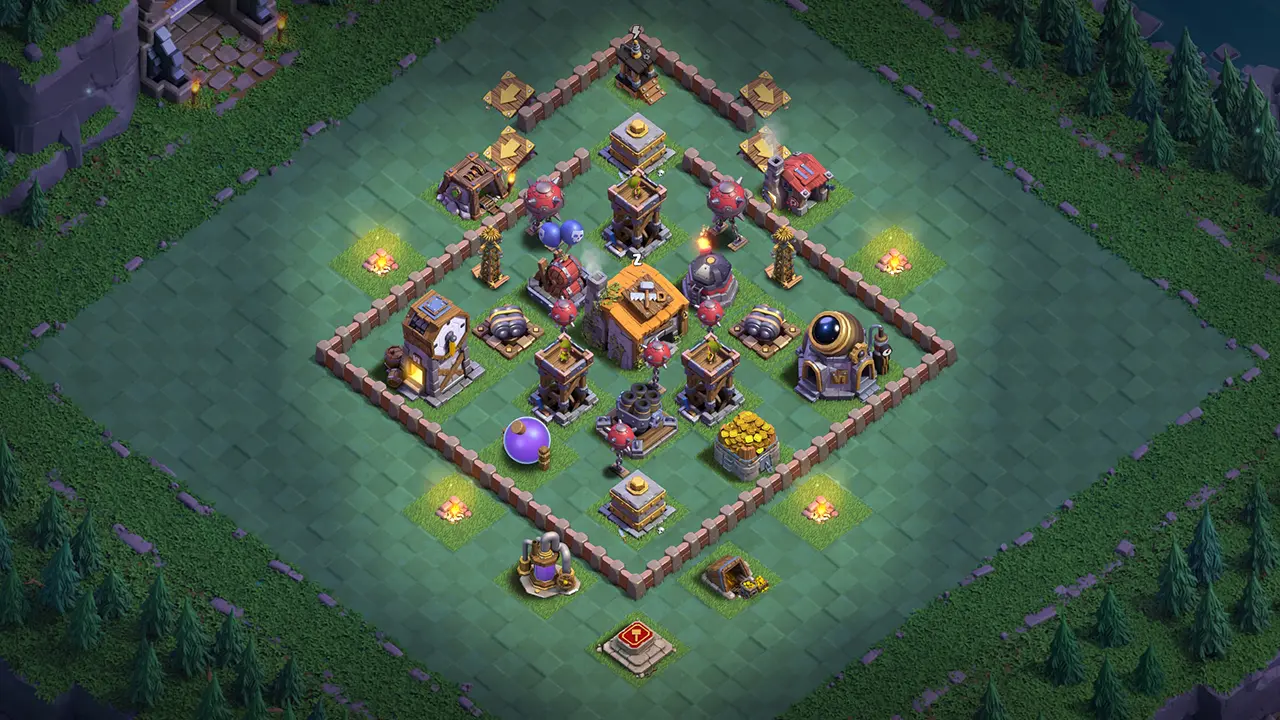 BH6 Stage 1 Anti-Air base with Air Bombs, Roaster, Archer Towers and Mega Mines protecting the Builder Hall core.