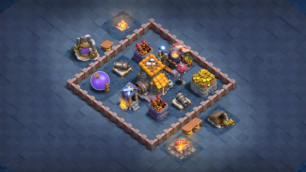 BH6 Stage 2 base with two Firecrackers, Archer Tower and air traps providing backup defense against remaining air troops.