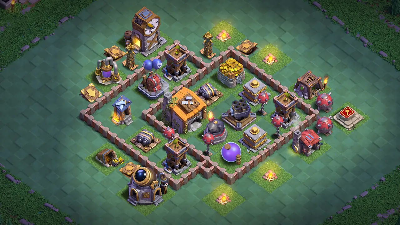 BH6 Stage 1 layout with the Builder Hall behind the Multi Mortar, right-side Mega Mines, and a Roaster protecting the core from Bats.