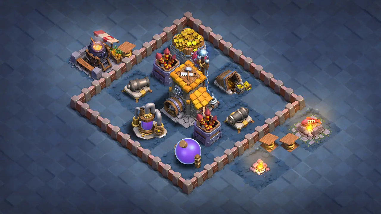 BH6 Stage 2 base layout featuring Cannons, Firecrackers, and Spring Traps to defend against Night Witches that survive Stage 1.
