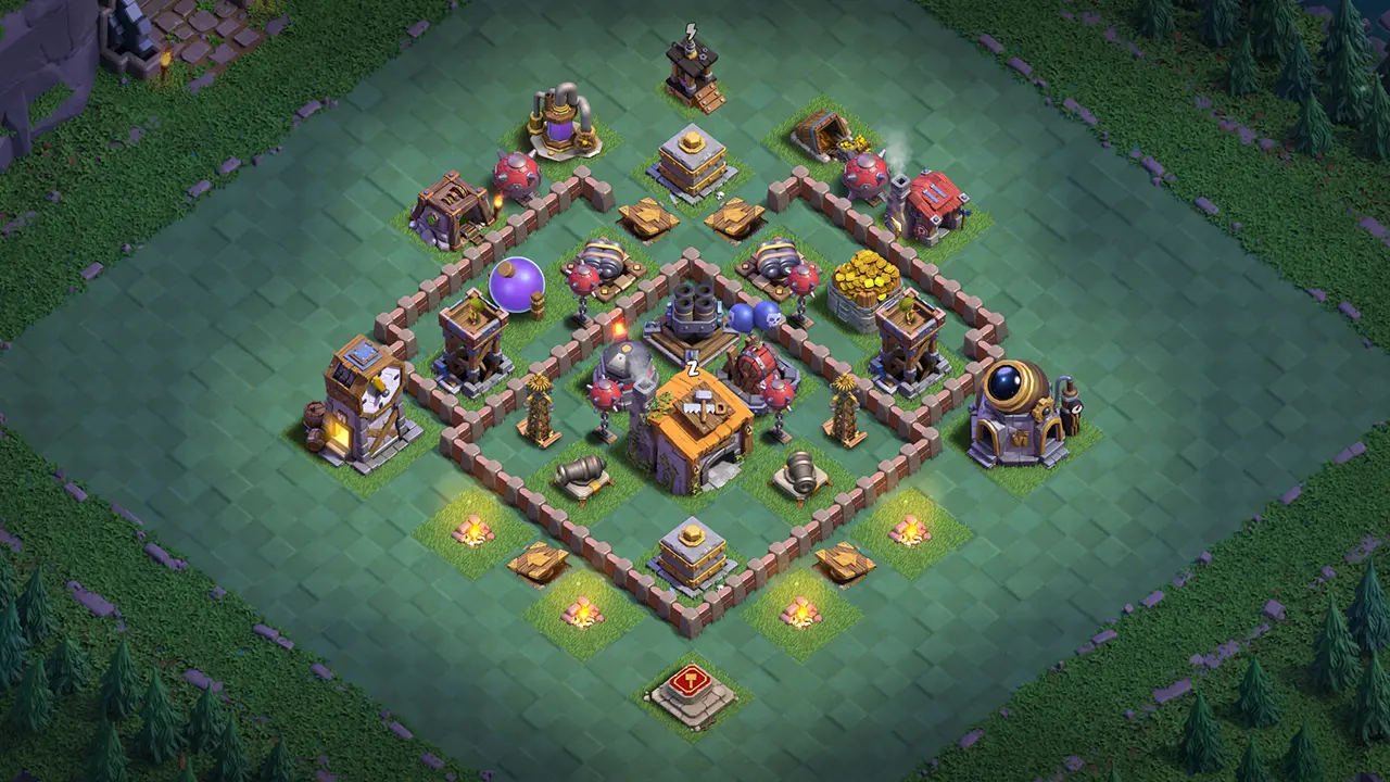 BH6 balanced base Stage 1 with the Builder Hall behind Air Bombs, Roaster, and Multi Mortar, along with an outer Crusher and traps near the core.