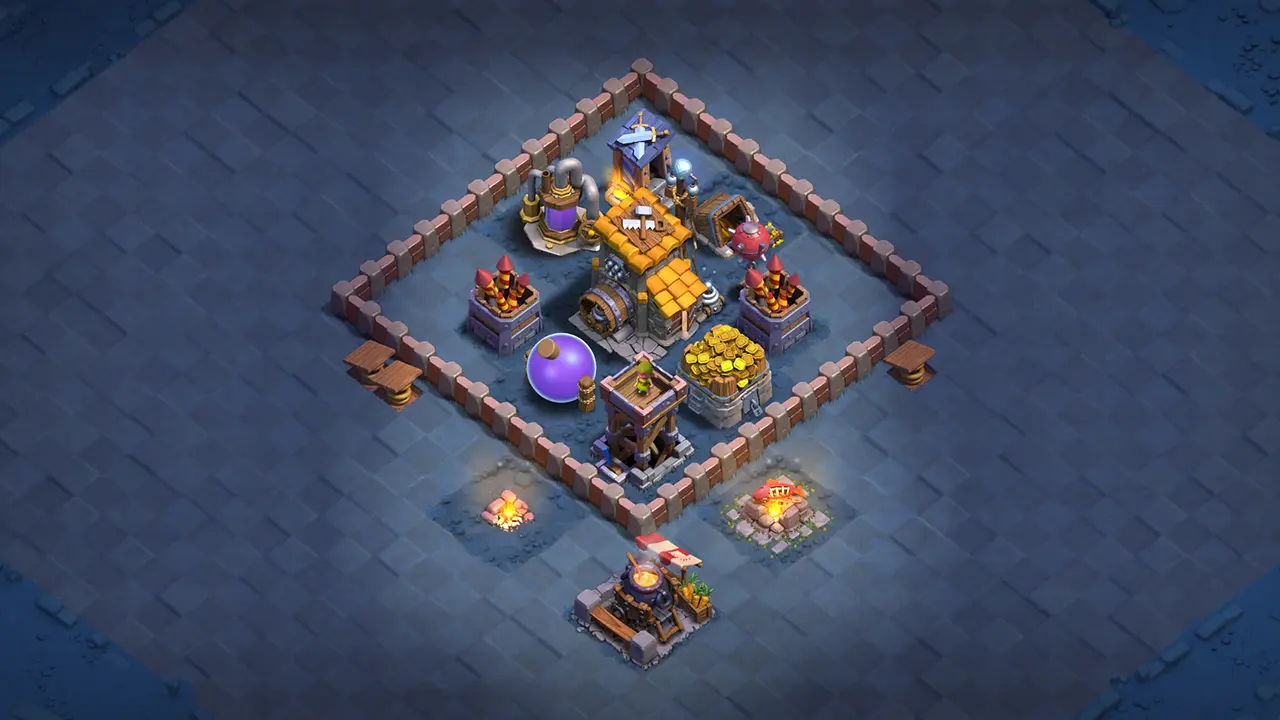 BH6 balanced base Stage 2 showing closed walls, an Archer Tower near the bottom, two Firecrackers at the top, and Spring Traps for ground troops.