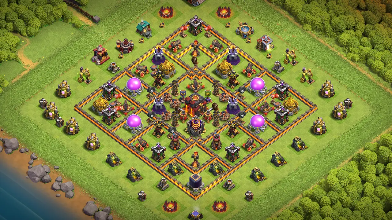 th10 trophy base layout with copy link. anti 2 star design for clash of clans town hall 10 base