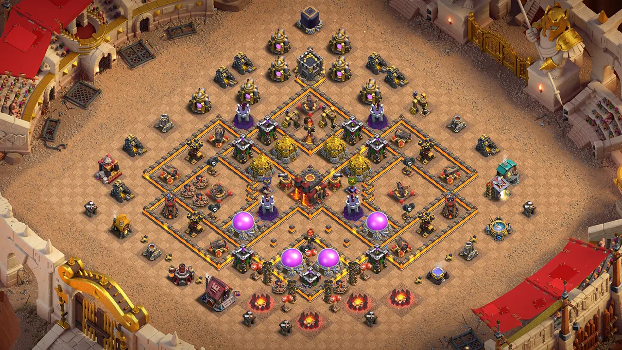 th10 war base layout with copy link. anti 2 star design for clash of clans town hall 10 base