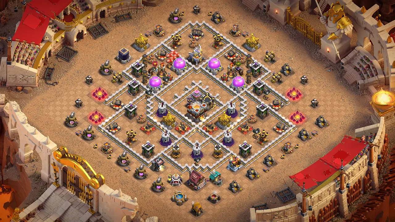 TH11 Anti-2 War Base with Copy Link for Cake-A-Pult core coverage that chips troop groups and stops Dragon, Electro Dragon and Hybrid attacks