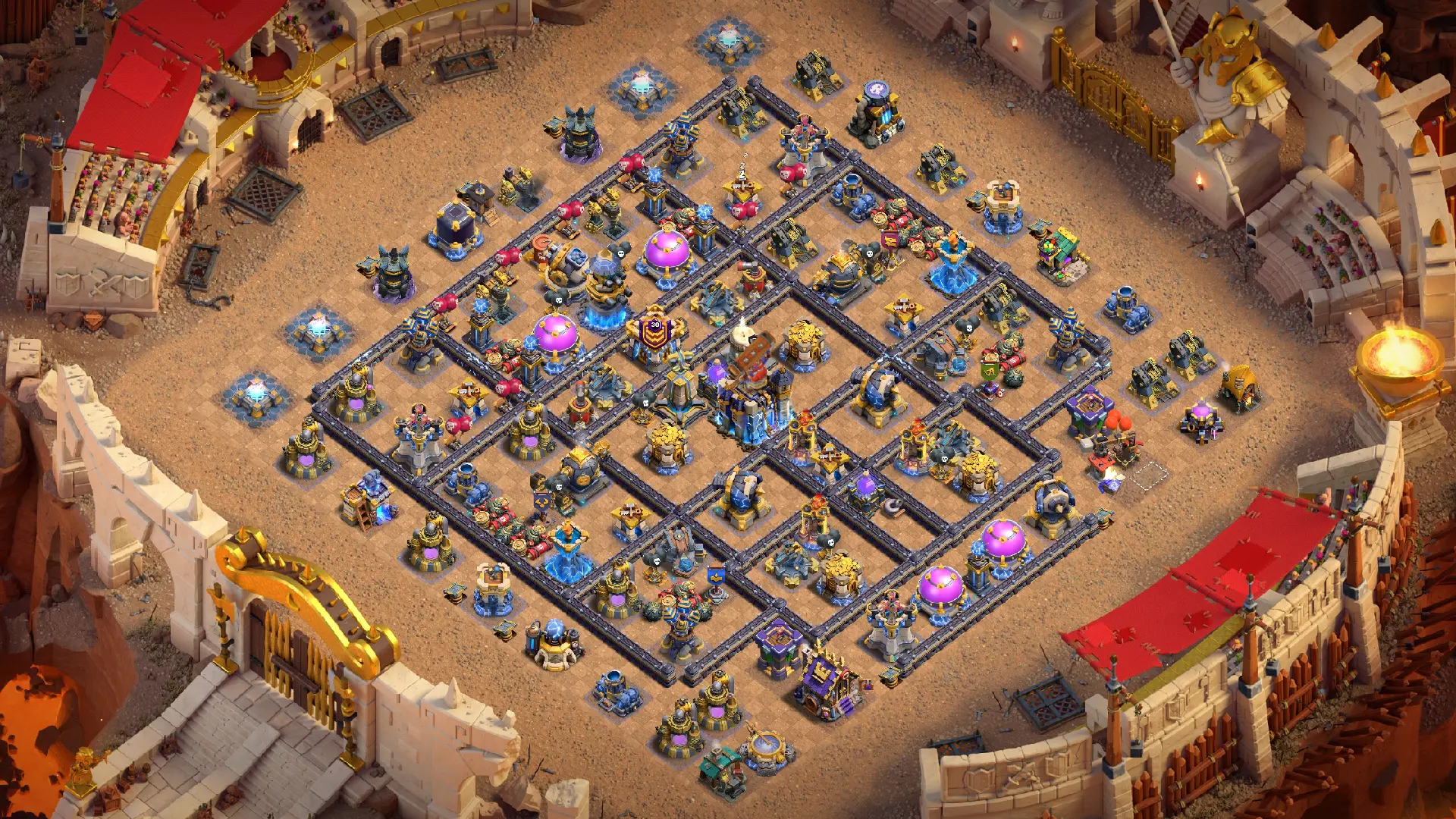 TH18 anti-2 Hot Candle CWL base overview in Clash of Clans. The Logger Town Hall sits in the core with the Hot Candle and the Monolith.